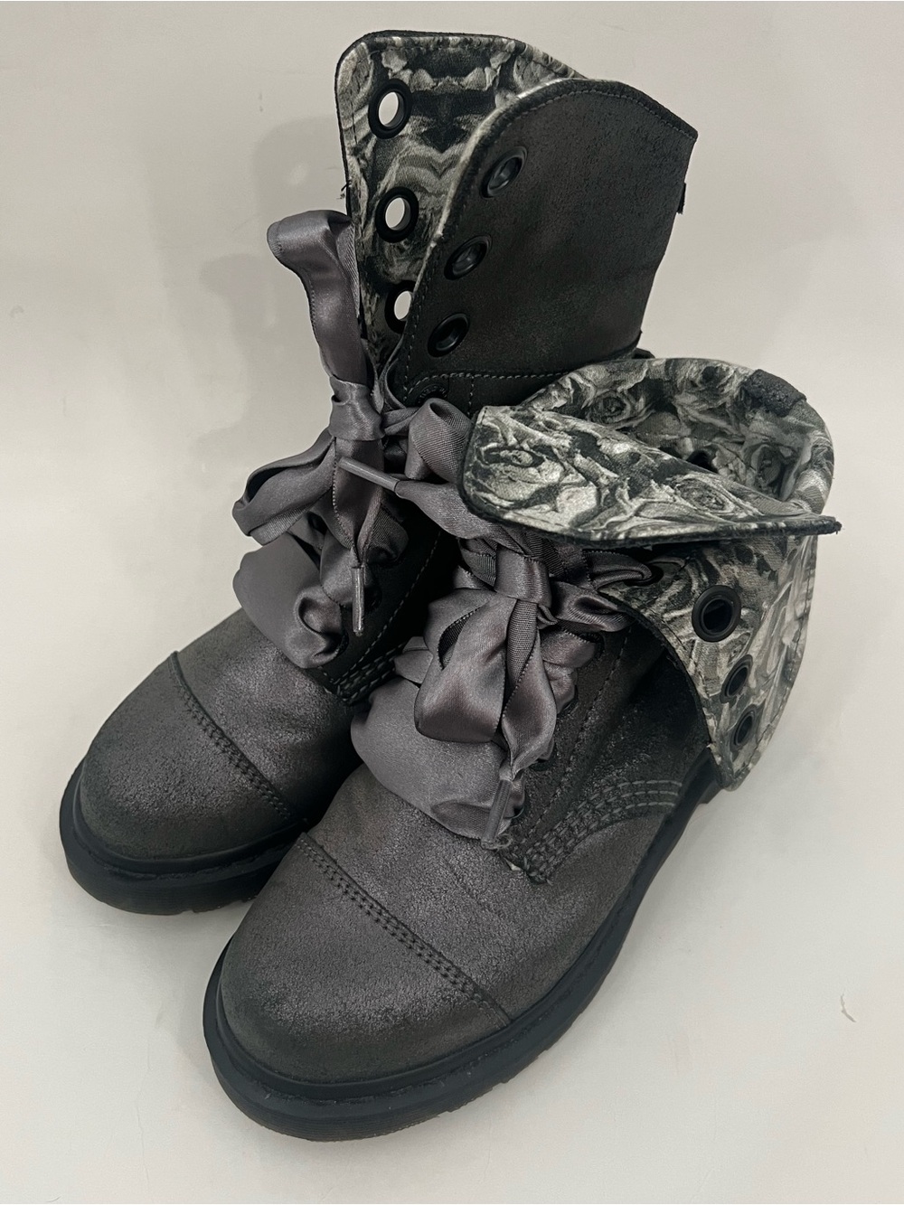 Dr. Martens Triumph Metallic Gray Satin Ribbon Combat Boots Floral Lined